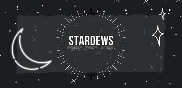 Neon graphic design featuring a crescent moon, stars, and 'Stardew Valley' text on a dark cosmic background.