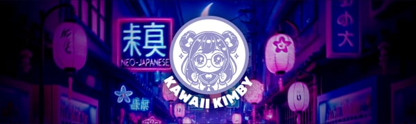 Vibrant neon-lit anime street scene with Japanese lanterns, glowing signs, and a cute kawaii character illustration featuring Kawaii Kimby branding.