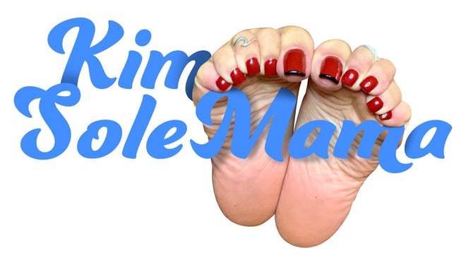 Artistic graphic featuring the text 'Kim Sole Mama' overlaid on images of bare feet with red nail polish against a white background.