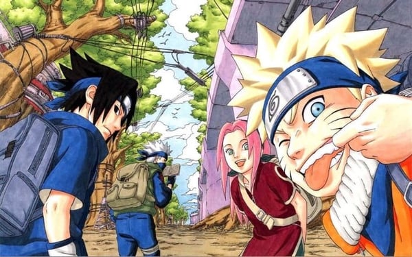 Anime-style illustration featuring characters Naruto, Sasuke, and Sakura posing playfully in an outdoor urban setting with trees and buildings.