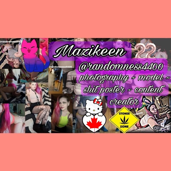 Colorful collage featuring a model with pink hair, cat graphics, Canadian flag, and text overlays promoting photography, modeling, and content creation.