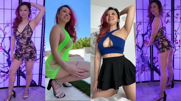 A woman with pink hair posing in various colorful lingerie outfits against scenic backgrounds including a poolside and Japanese-style screens.