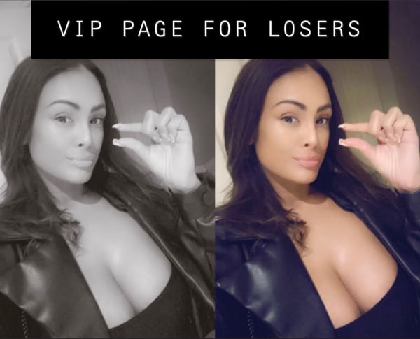 Two selfies of a woman with long dark hair wearing a black leather jacket, making a small gesture with her fingers, overlaid with bold text reading 'VIP PAGE FOR LOSERS'.