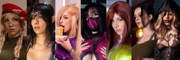 Collage of a woman in various colorful cosplay costumes and wigs, posing dynamically in different outfits and accessories.