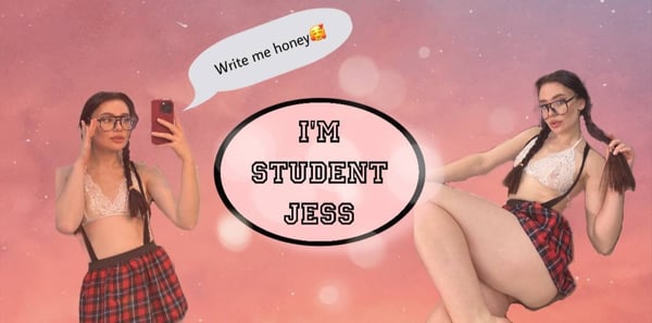 Young woman in a schoolgirl outfit with plaid skirt and bra top, posing playfully with a phone and text overlays encouraging messages.