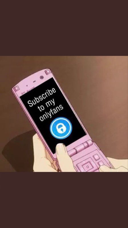 A hand holding a pink smartphone displaying a promotional OnlyFans subscribe message.
