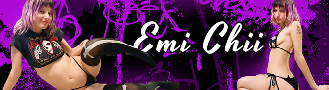 Two young women with purple hair posing playfully in bikinis and fishnet stockings against a vibrant purple background with gothic elements.
