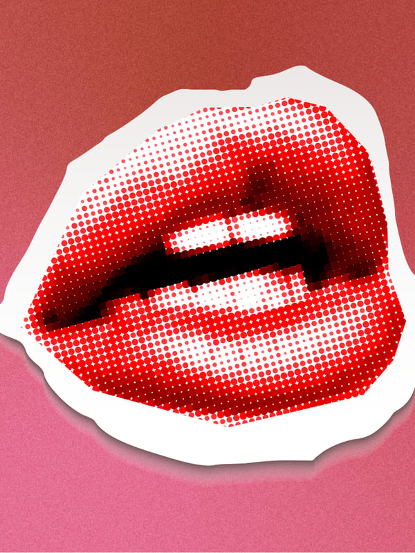 Close-up of vibrant red lips in a halftone pop art style on a pink background.