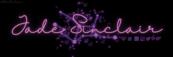 Neon pink stylized text of 'Jade Sinclair' with sparkling purple effects on a black background.