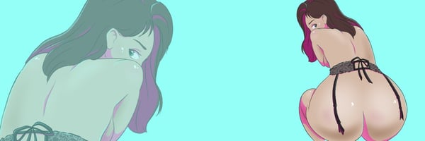 Artistic illustration of a woman in lingerie posing from behind against a teal background.