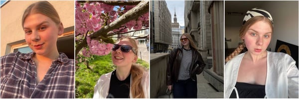 A young woman with blonde hair posing in multiple casual outdoor settings, including near cherry blossoms, against urban architecture, and in everyday attire.