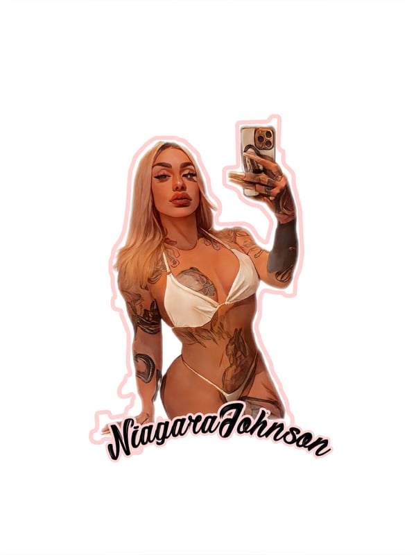 A fit woman with blonde hair taking a mirror selfie in a white bikini, displaying tattoos and holding her phone, with her name overlaid.