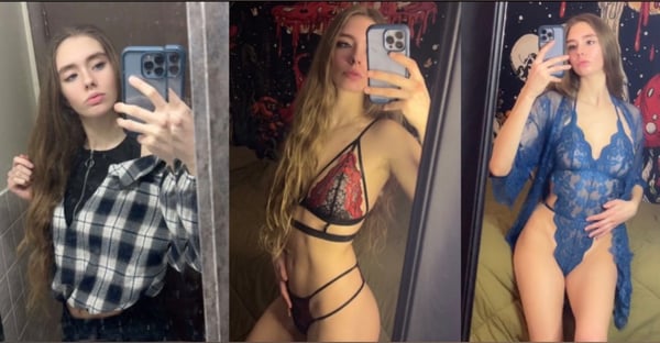 Young woman with long wavy hair taking mirror selfies in different outfits including casual plaid shirt, red lingerie, and blue robe against indoor backgrounds.