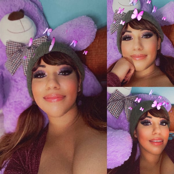 A woman with bangs and a colorful hat posing playfully with large purple teddy bears in multiple shots on a blue background.
