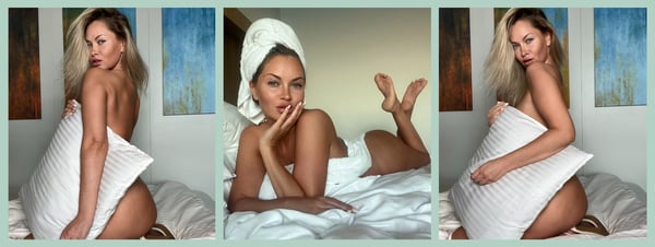 A woman with blonde hair posing in three images on a bed, wrapped in a white towel, holding pillows, against a light blue background with artwork.