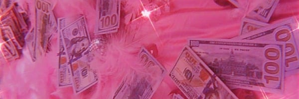 Pink background adorned with scattered U.S. dollar bills in a vibrant, glittery arrangement.