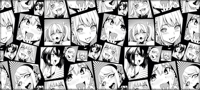 A collage of black and white anime-style character portraits with expressive faces in a grid pattern.