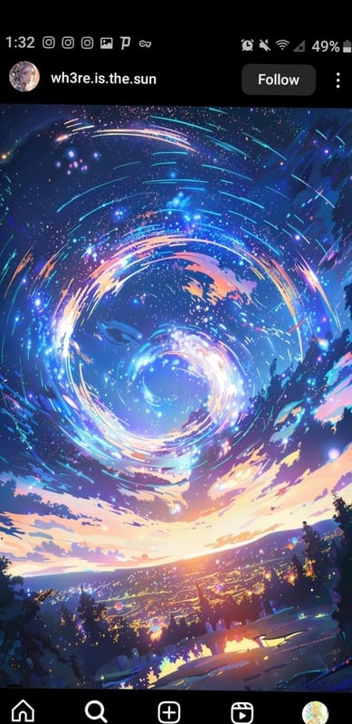 Vibrant digital artwork of a swirling cosmic vortex with stars, clouds, and a sunset sky over a forested landscape.