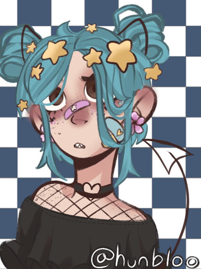 An anime-style drawing of a character with teal twin-tailed hair, cat ears, starry accessories, and a choker, set against a checkered pattern.