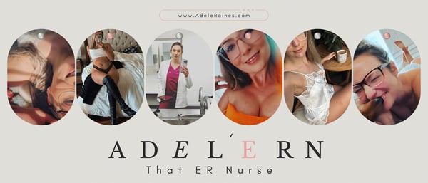 Collage of a woman in various outfits including professional attire and casual wear, with her name and 'That ER Nurse' displayed prominently.