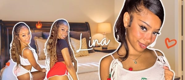 Young woman with long hair posing in multiple shots near a bed in a cozy bedroom setting, wearing casual tops and shorts.