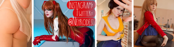 Collage of a model in various cosplay outfits including anime-inspired costumes with long red hair, posed dynamically in different settings.