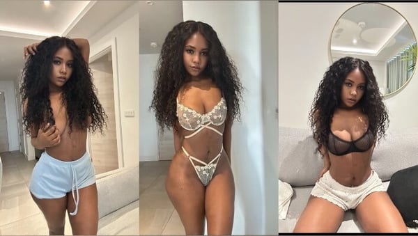 Three photos of a woman with long curly dark hair posing indoors in different outfits including casual shorts and lingerie.