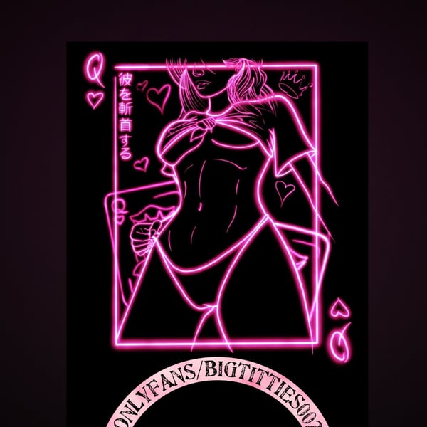 Neon pink artistic illustration of a woman styled as a queen of hearts playing card, featuring bold outlines and glowing effects.