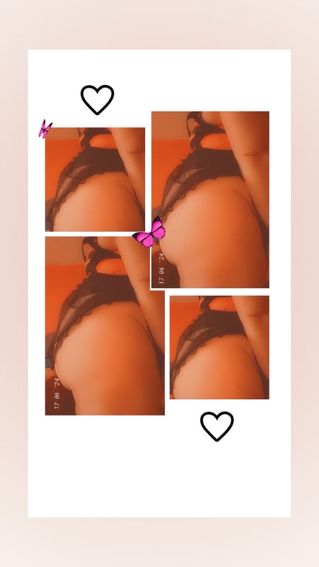 Collage of a woman posing in a revealing orange outfit, highlighting her figure with decorative hearts and butterflies on a pink background.