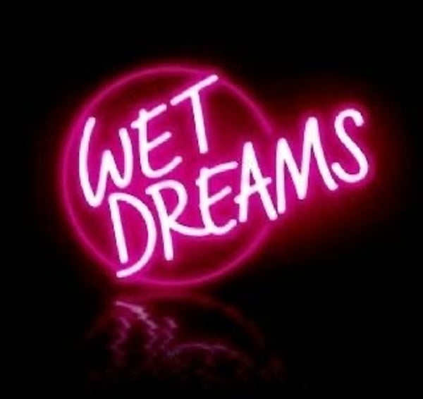 Neon pink 'Wet Dreams' sign glowing against a dark background with a reflective surface.