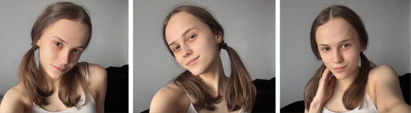 Young woman with long brown hair in pigtails posing with different facial expressions in a casual indoor setting.