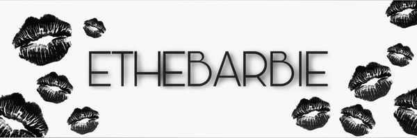 Decorative banner featuring black lipstick kiss marks and the text 'ETHEBARBIE' on a white background.