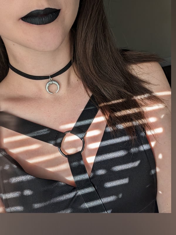 Close-up portrait of a woman with long dark hair, black lipstick, a choker necklace, and harness-style top, with light filtering through blinds.