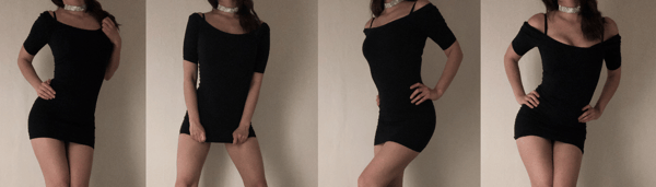 A woman posing in a short black dress in multiple angles against a plain background.