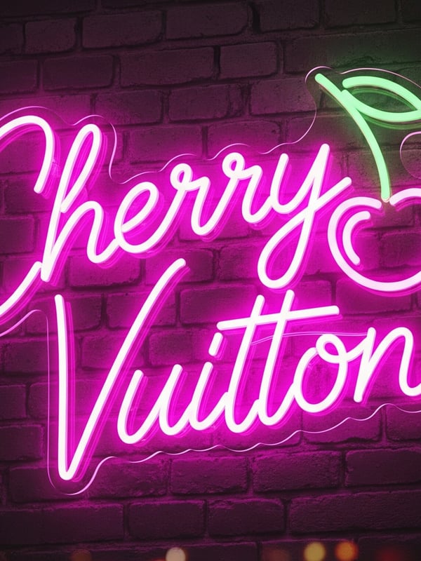 Neon sign featuring the stylized text 'Cherry Vuitton' with cherry and leaf motifs in pink and green against a dark background.