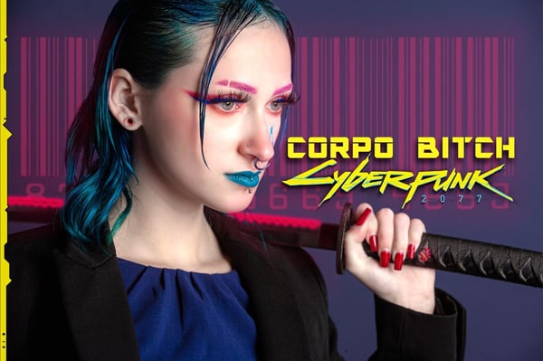 Woman with teal hair and bold makeup posing with a sword in a cyberpunk-themed setting with neon lights and barcode graphics.