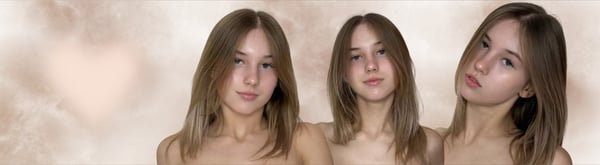 Three close-up portraits of a young woman with long brown hair, making playful expressions against a soft pink background.
