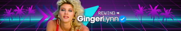 A woman with voluminous blonde hair posing confidently in a vibrant purple background with palm tree graphics and retro neon effects.