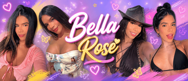 A vibrant collage featuring a model in various stylish outfits and poses, with colorful graphics and the name 'Bella Rose' prominently displayed.