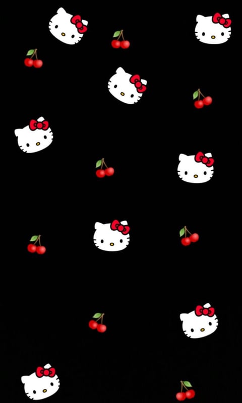 Black background featuring multiple Hello Kitty characters and red cherries scattered around.