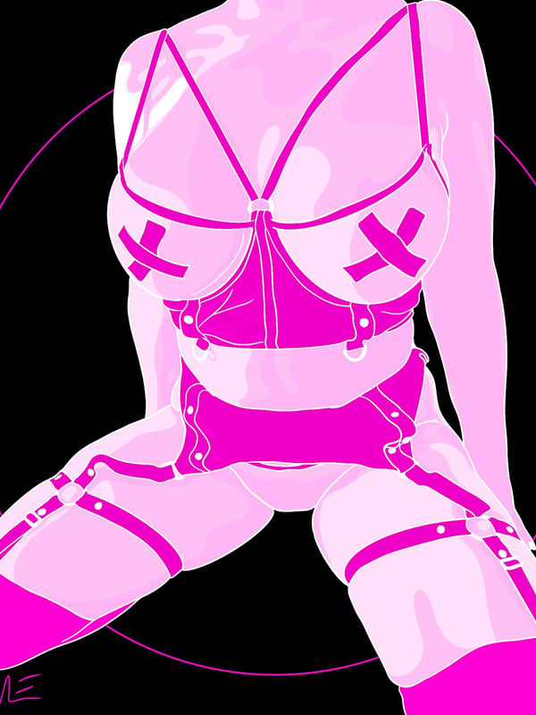 Stylized pink silhouette of a woman posing in a harness-style top and straps on a black background.