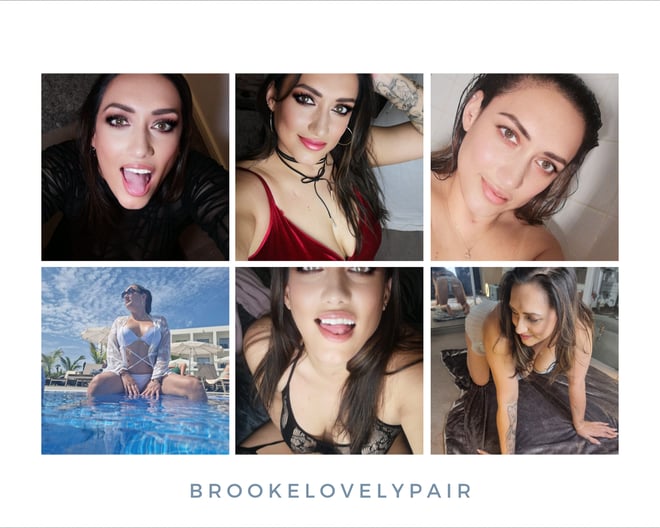 Collage of a woman with long dark hair posing confidently in various outfits and settings, including by a pool, with tattoos visible on her arm.