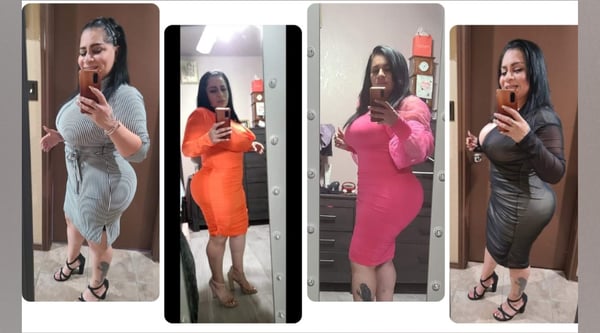 Woman posing in form-fitting dresses in various colors inside a room with neutral background.