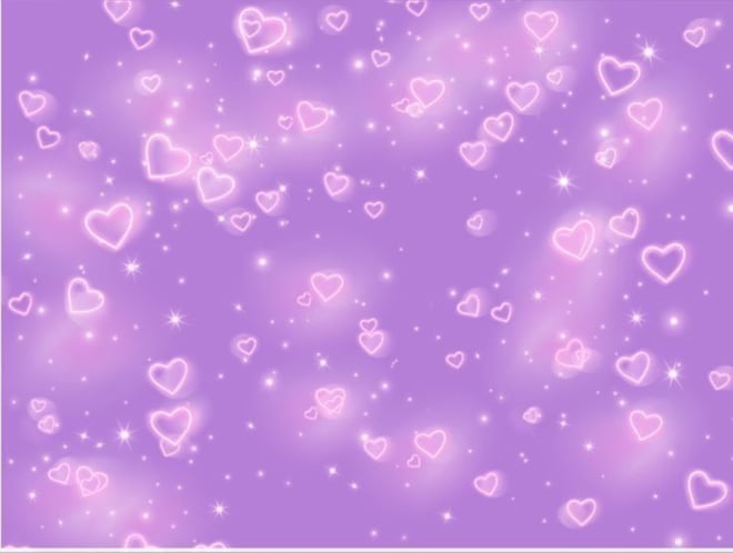 A purple background decorated with glowing pink and white heart shapes and sparkles.