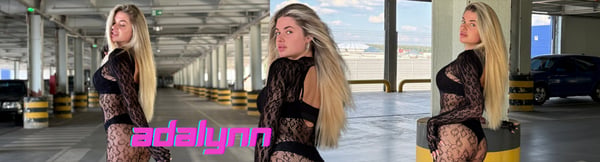 Three images of a young woman with long blonde hair posing in black lace outfits in a parking garage with cars and yellow barriers in the background.