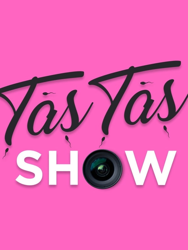 Pink graphic logo featuring stylized text 'Țâș Țâș Show' with dripping elements and a camera icon.