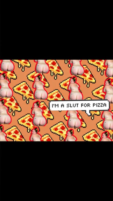 Graphic illustration of a person's backside with pizza slices and cheese dripping over a pizza-themed background, featuring text overlay.