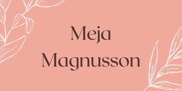 Peach-colored background with elegant white floral designs framing the text 'Meja Magnusson'.