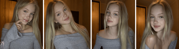 A young woman with long blonde hair posing in a gray off-shoulder sweater in an indoor setting.