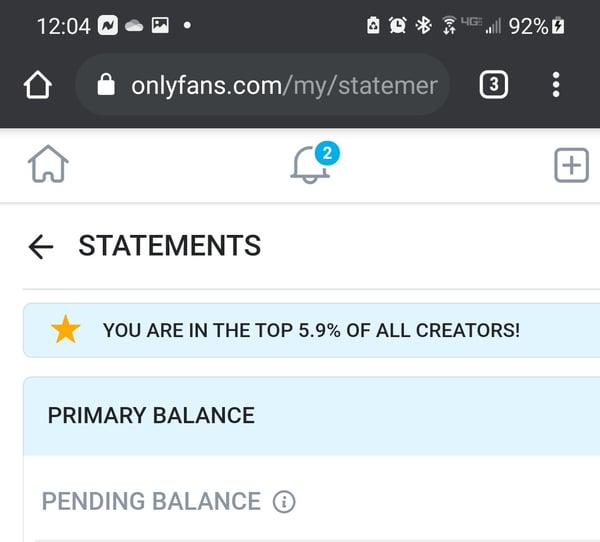 Screenshot of OnlyFans creator dashboard showing top 5% status and account balance details.
